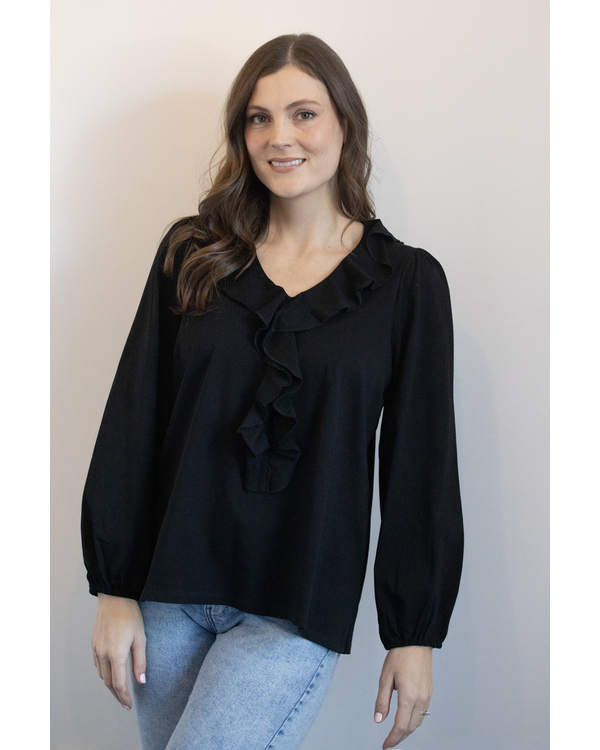WHITE ON BLACK RUFFLE V NECK TOP