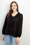 WHITE ON BLACK RUFFLE V NECK TOP