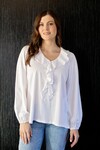 WHITE ON BLACK RUFFLE V NECK TOP