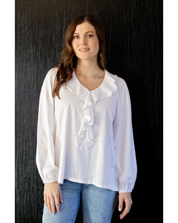 WHITE ON BLACK RUFFLE V NECK TOP
