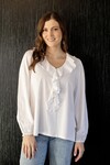 WHITE ON BLACK RUFFLE V NECK TOP